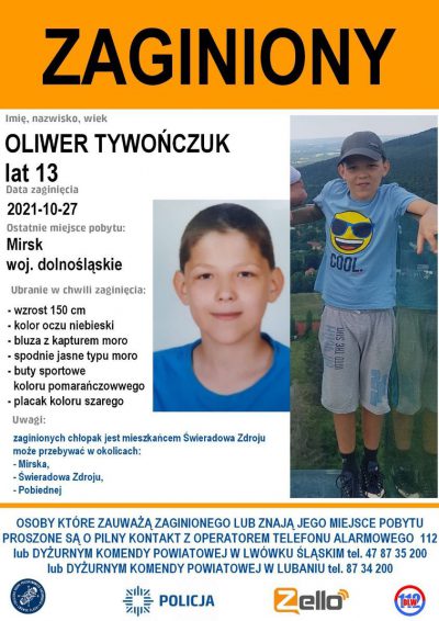 Policjanci z Lwówka Śląskiego poszukują 13-letniego Oliwera