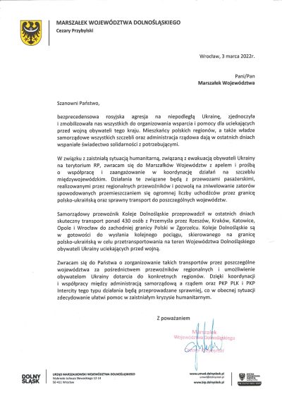 Apel Marszałka Cezarego Przybylskiego w sprawie pociągów na granicę polsko-ukraińską